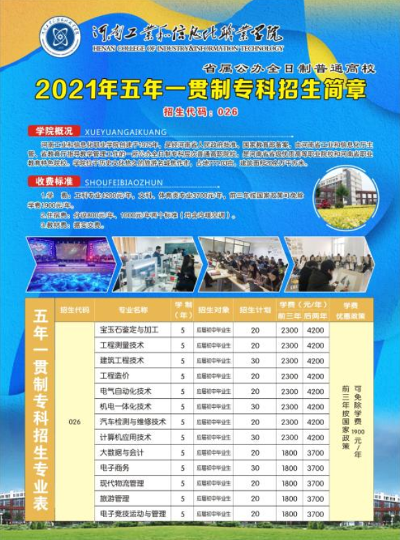 河南工業(yè)和信息化職業(yè)學(xué)院2021年五年一貫制招生簡章